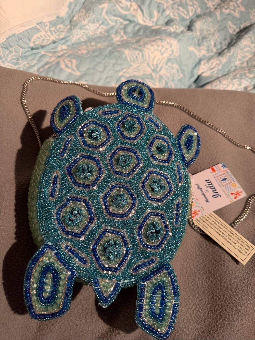 Beaded Turtle Crossbody Bag in Aqua Blue - Unbranded